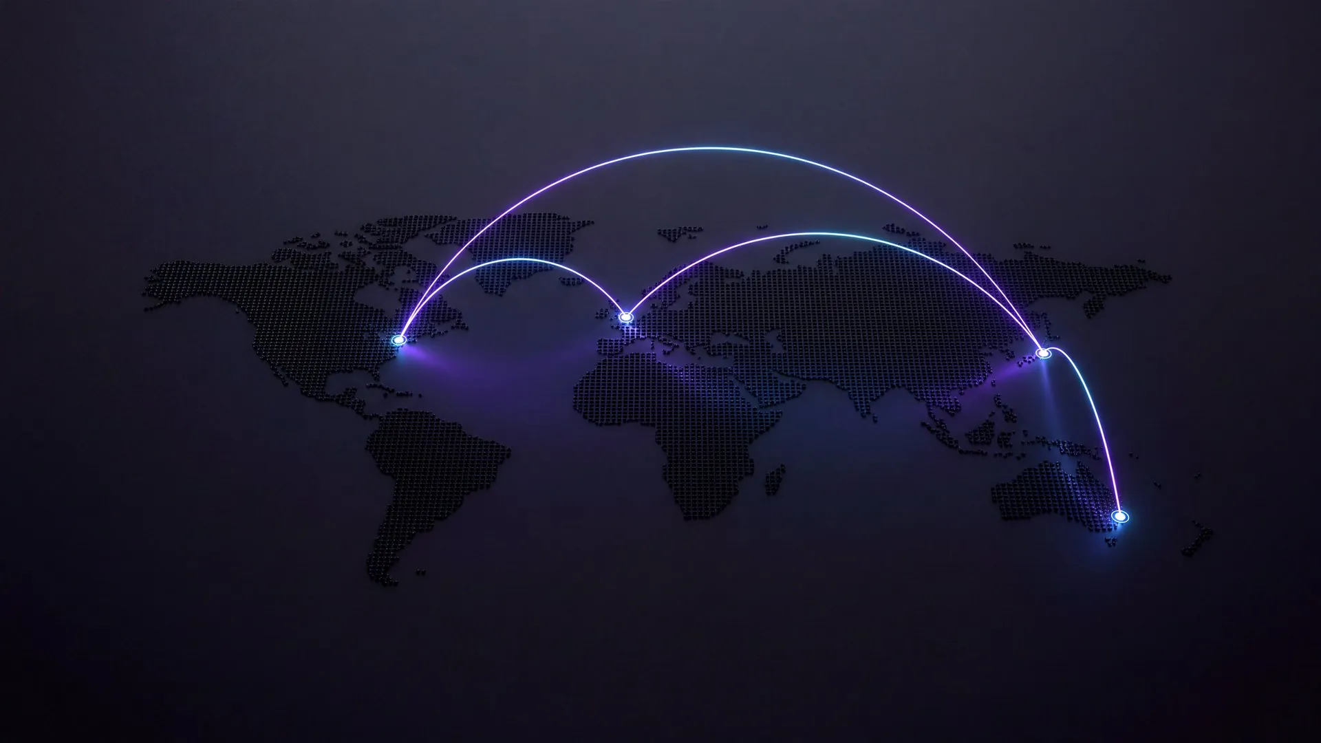 A dotted world map with glowing arcs linking New York, London, Tokyo and Sydney.